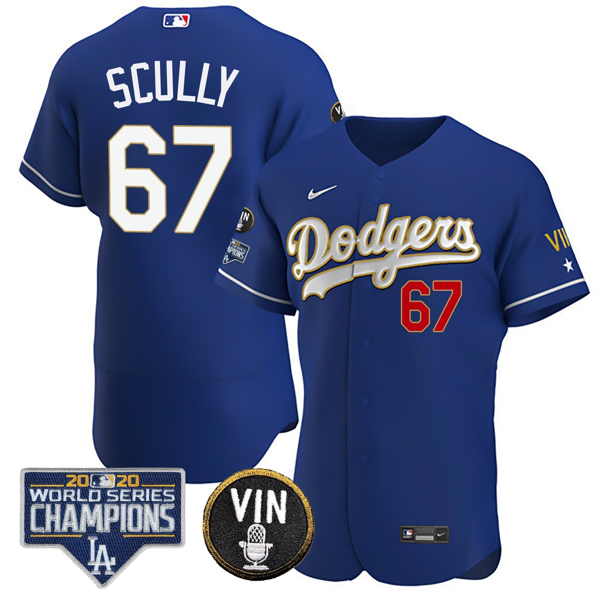 Men's Dodgers World Series & Vin Sculy Patch Gold Jersey - All Stitched