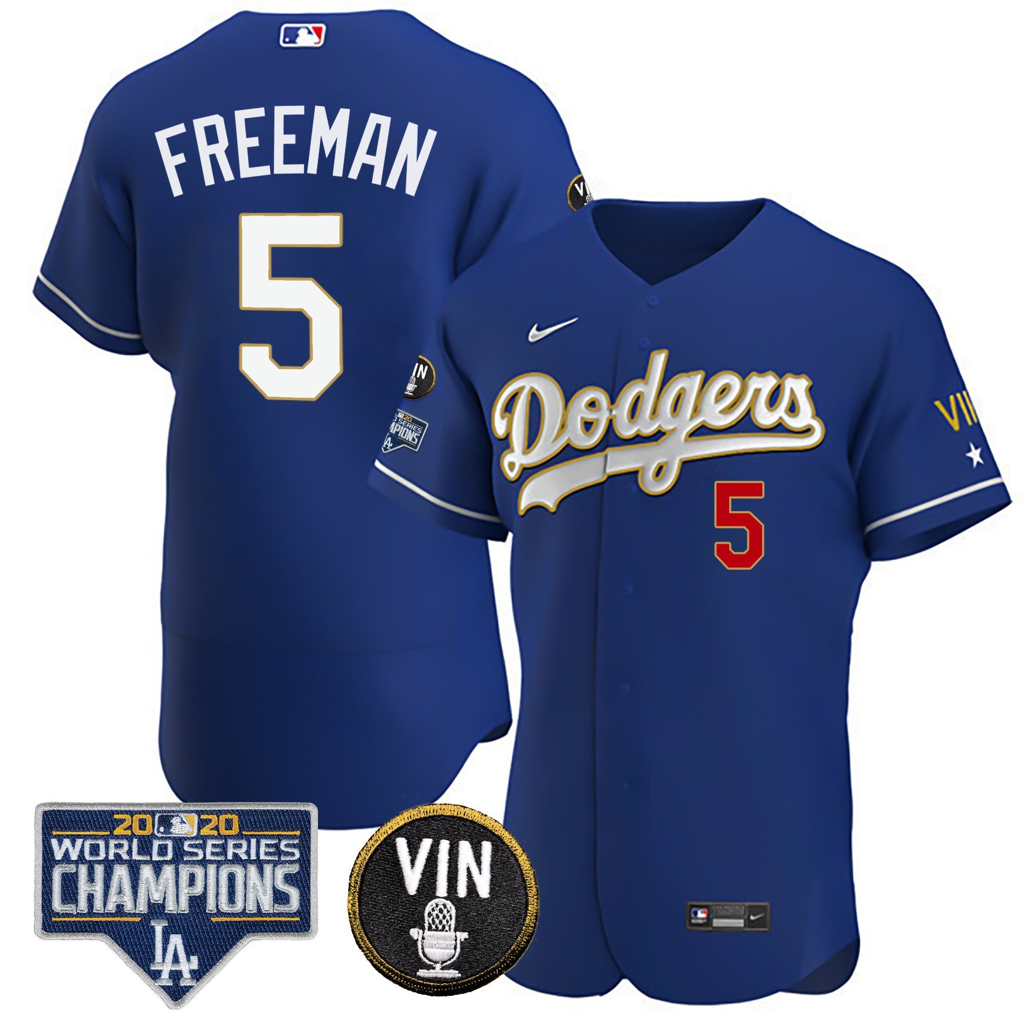 Men's Dodgers World Series & Vin Sculy Patch Gold Jersey - All Stitched