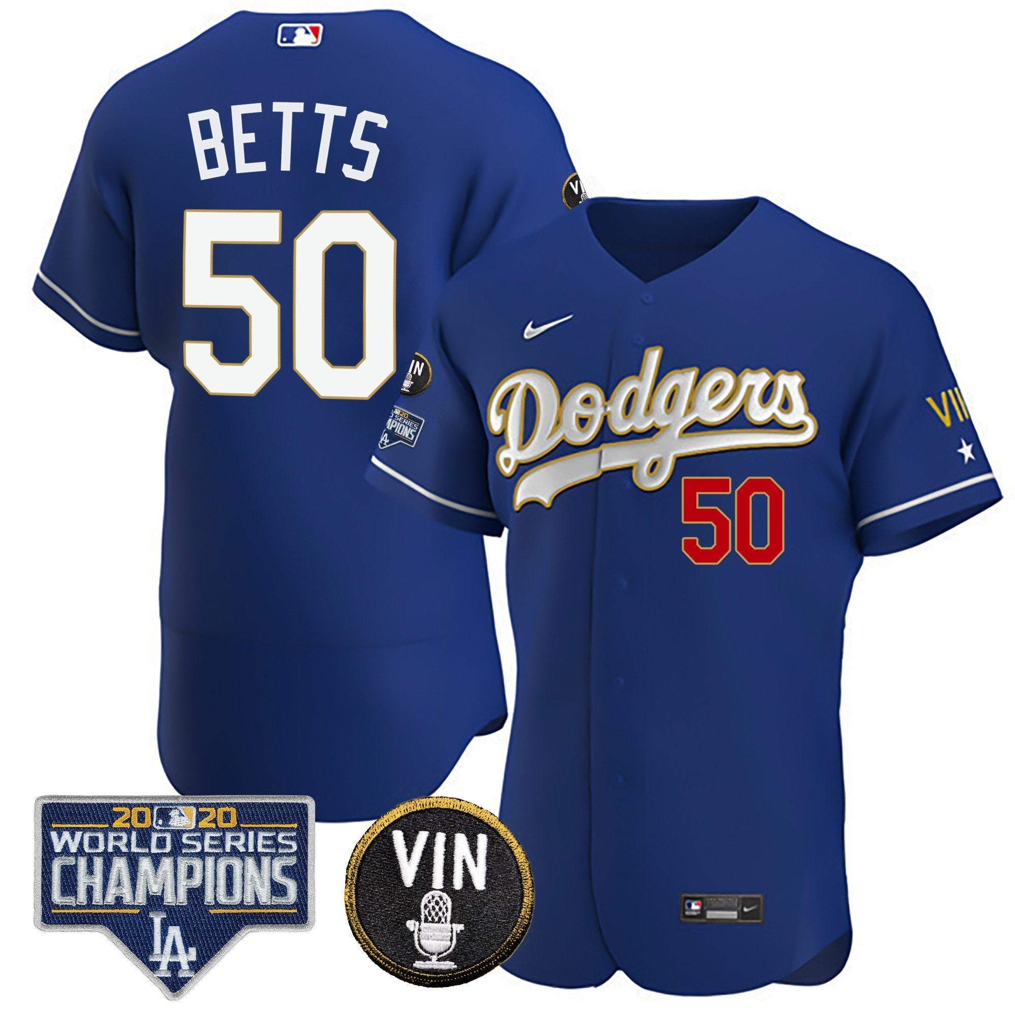 Men's Dodgers World Series & Vin Sculy Patch Gold Jersey - All Stitched