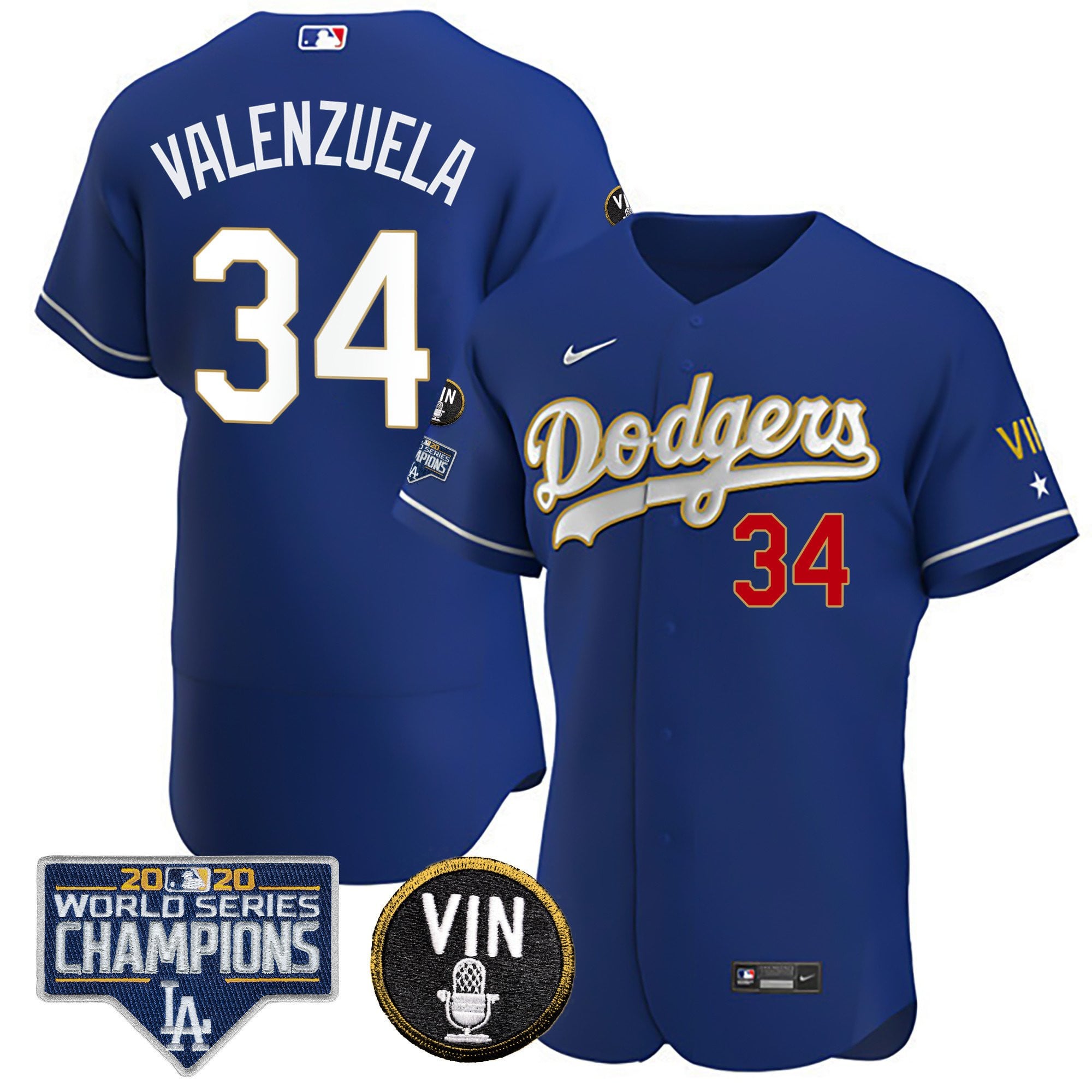 Men's Dodgers World Series & Vin Sculy Patch Gold Jersey - All Stitched