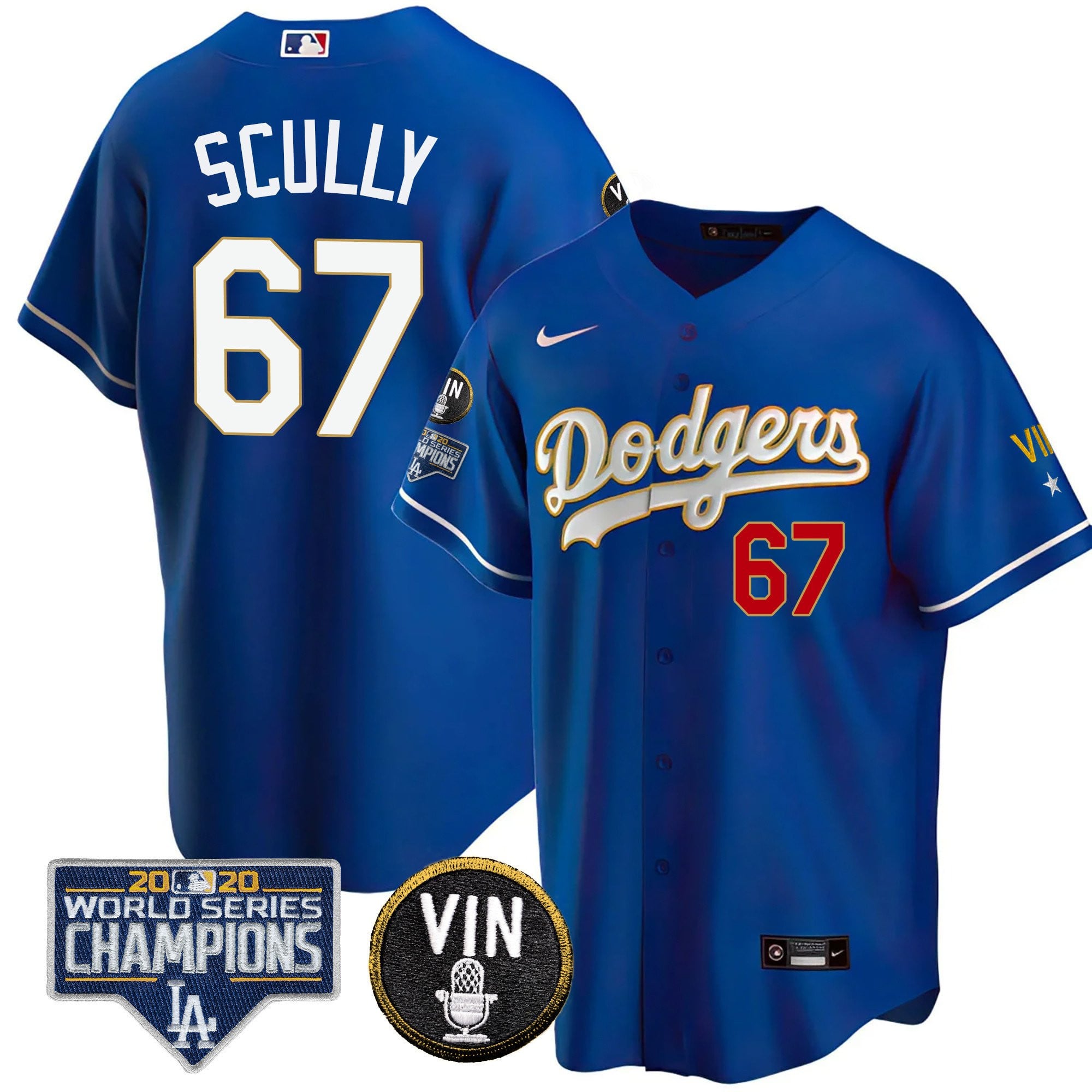 Men's Dodgers World Series & Vin Sculy Patch Gold Jersey - All Stitched