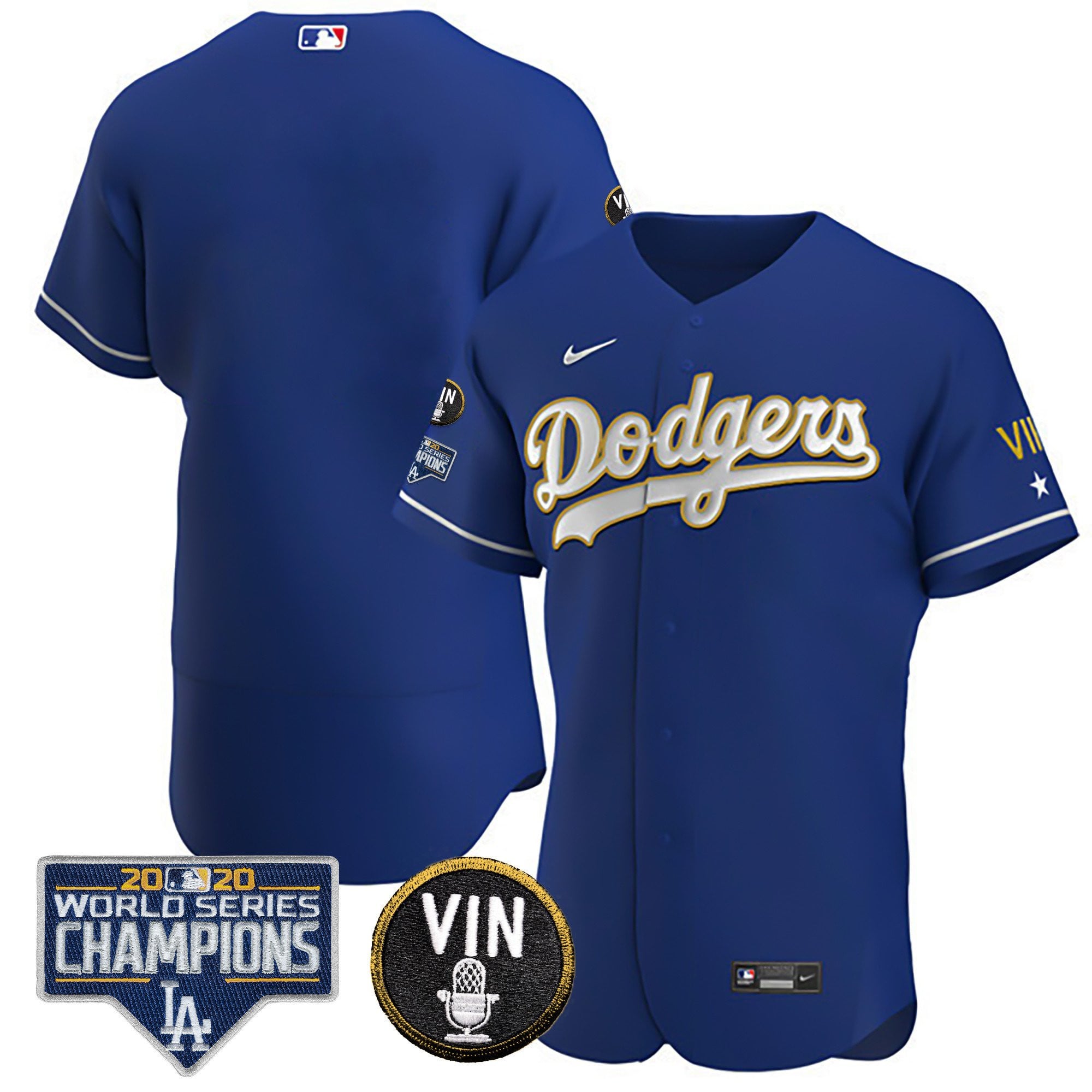Men's Dodgers World Series & Vin Sculy Patch Gold Jersey - All Stitched