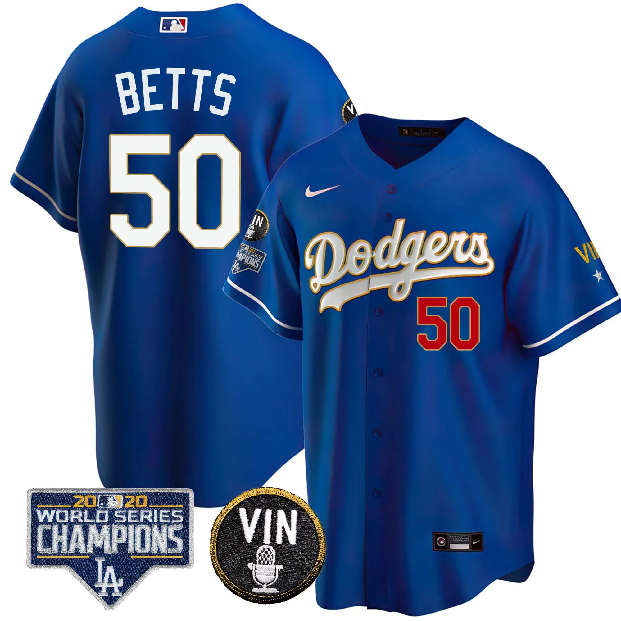Men's Dodgers World Series & Vin Sculy Patch Gold Jersey - All Stitched