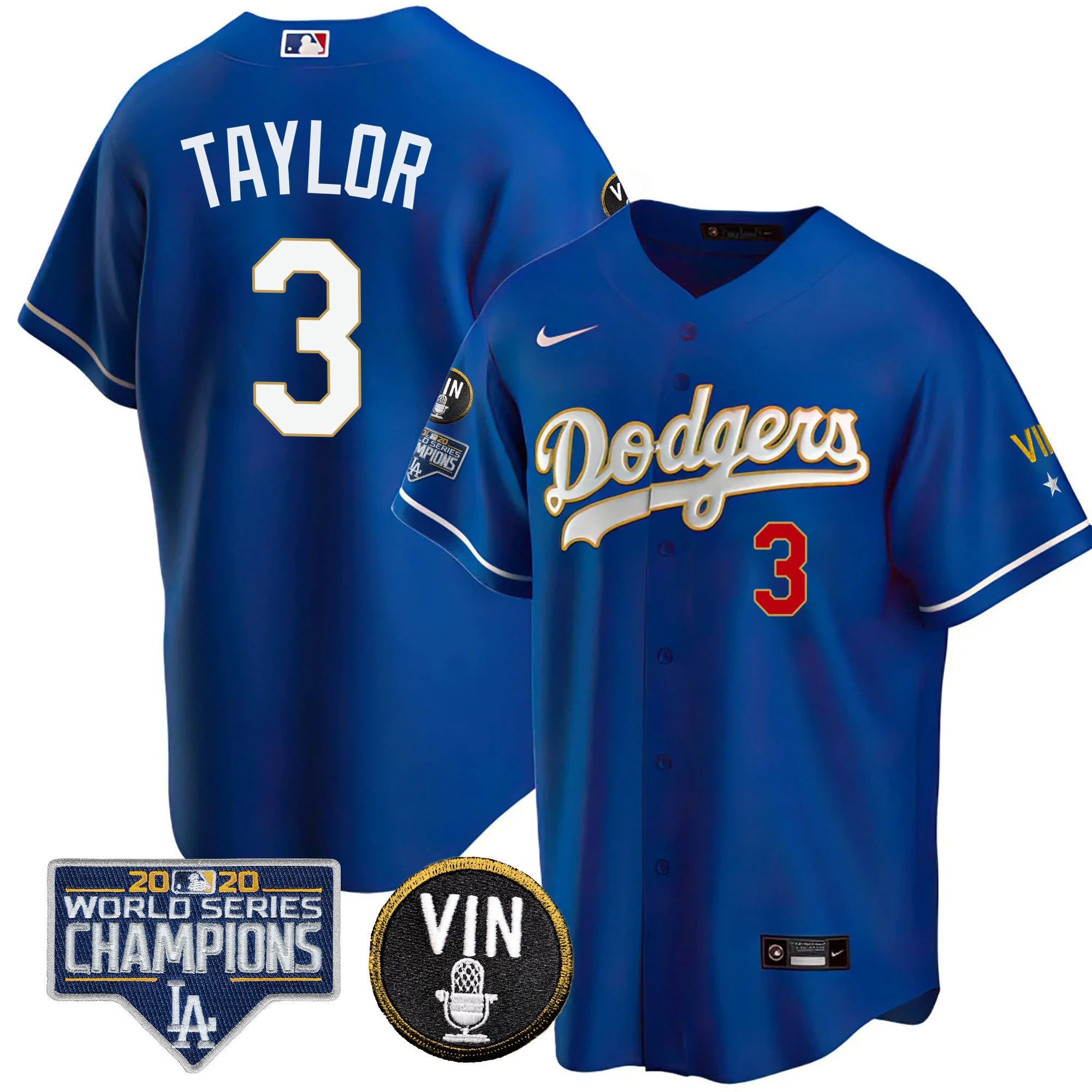 Men's Dodgers World Series & Vin Sculy Patch Gold Jersey - All Stitched