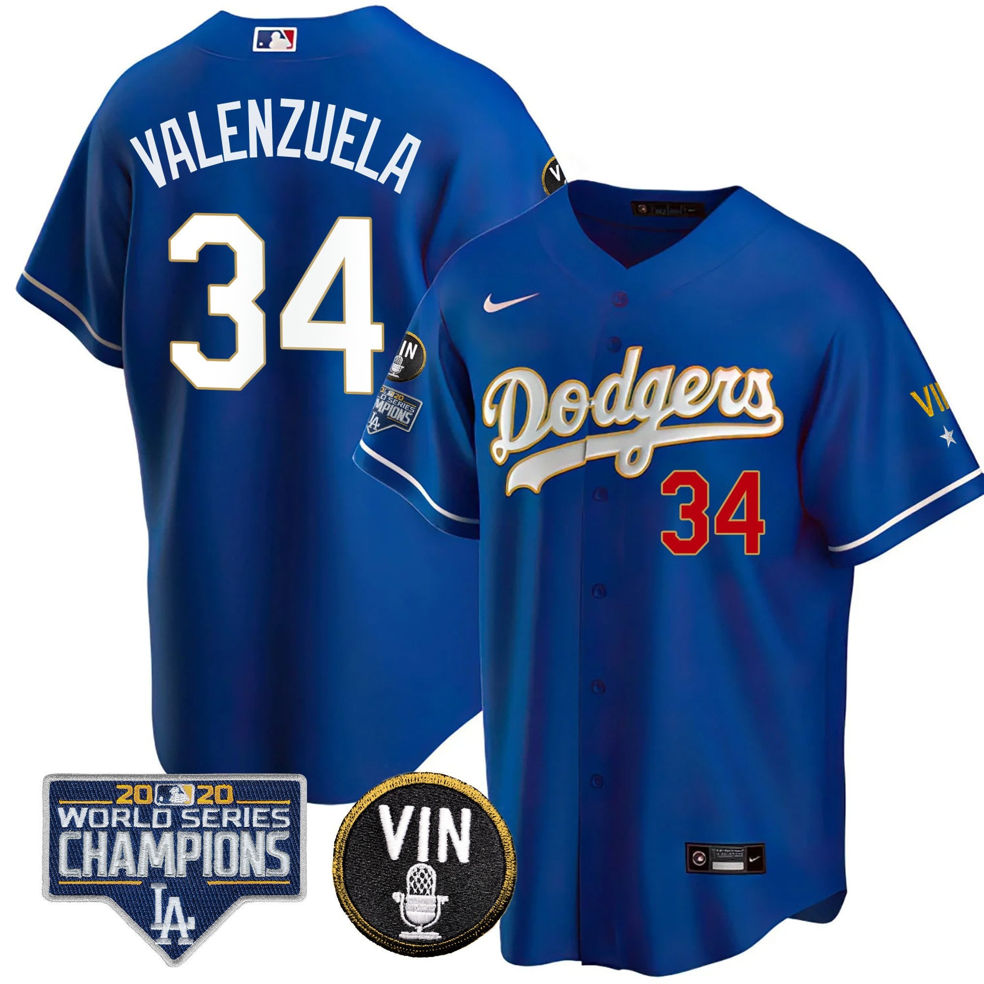 Men's Dodgers World Series & Vin Sculy Patch Gold Jersey - All Stitched