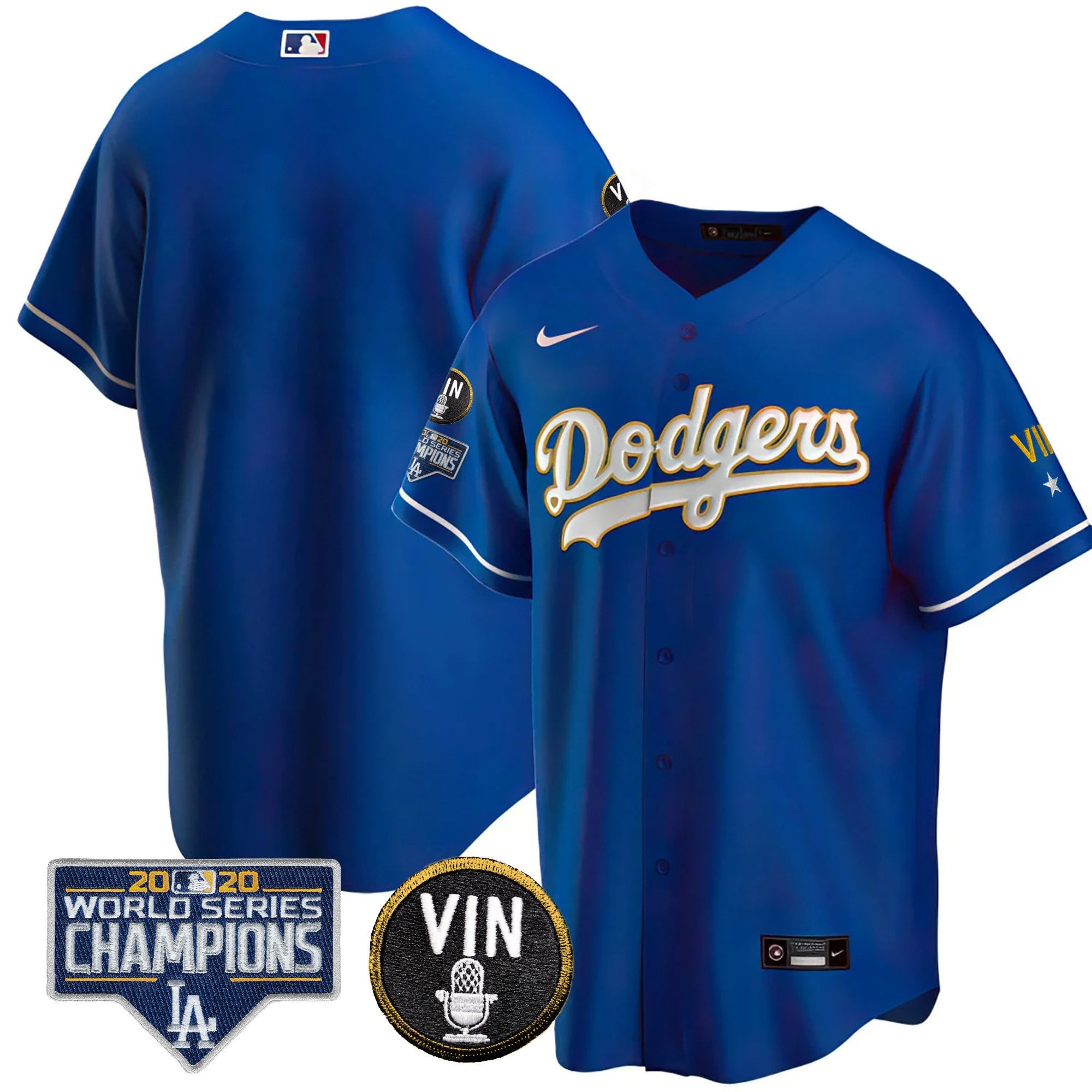 Men's Dodgers World Series & Vin Sculy Patch Gold Jersey - All Stitched