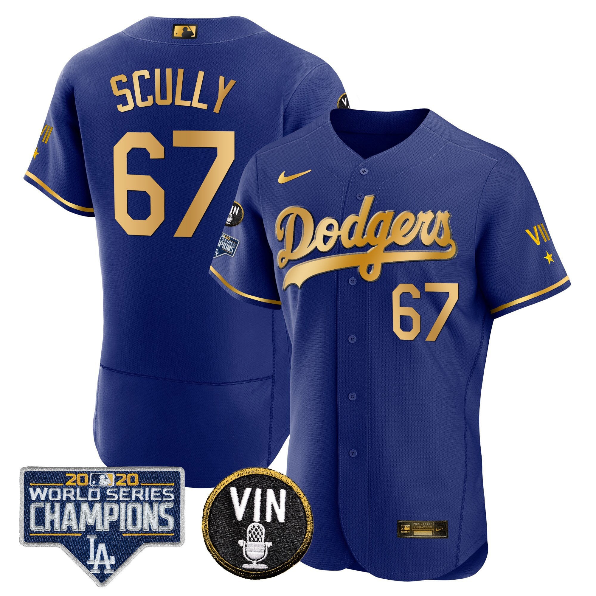 Men's Dodgers World Series & Vin Sculy Patch Gold Jersey - All Stitched