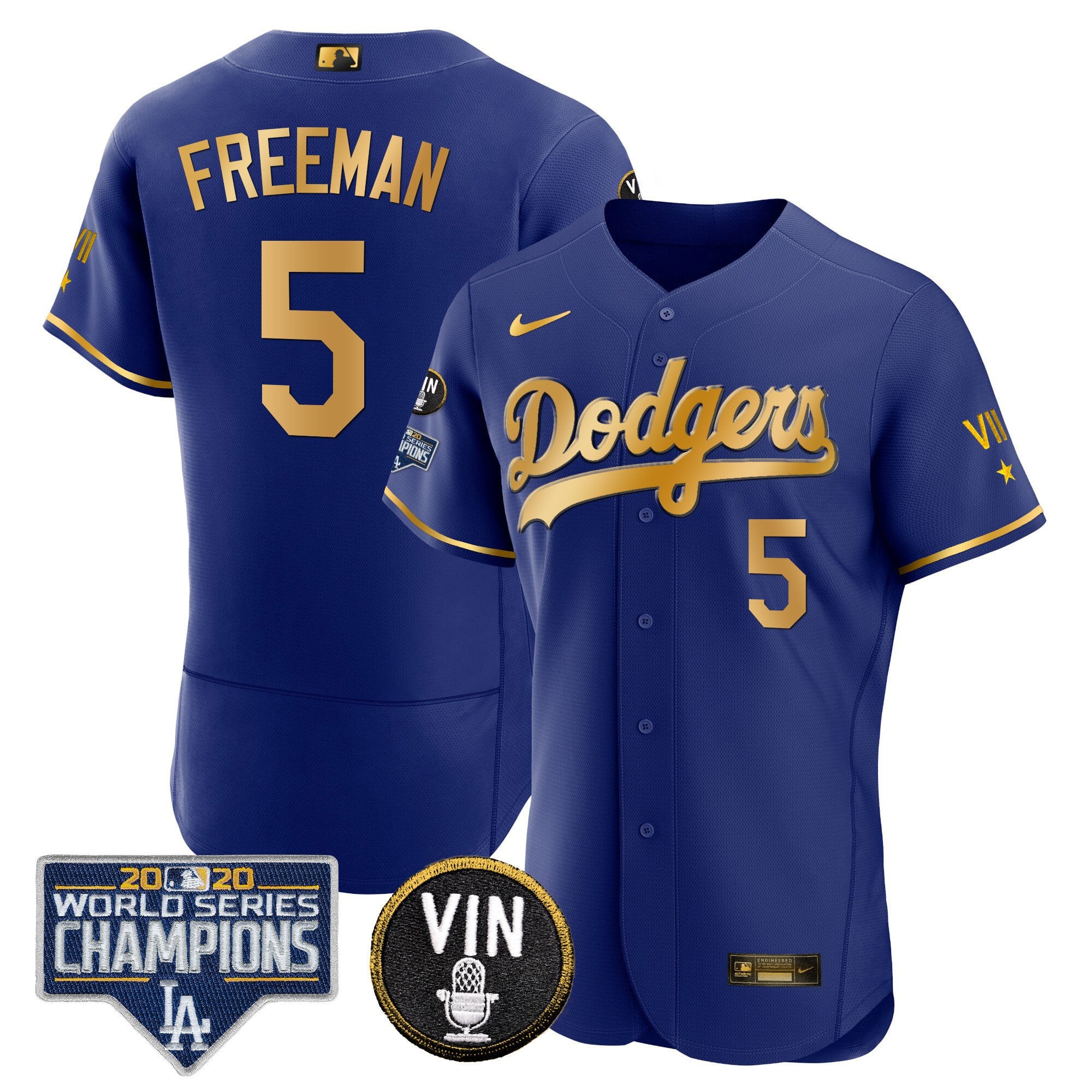 Men's Dodgers World Series & Vin Sculy Patch Gold Jersey - All Stitched