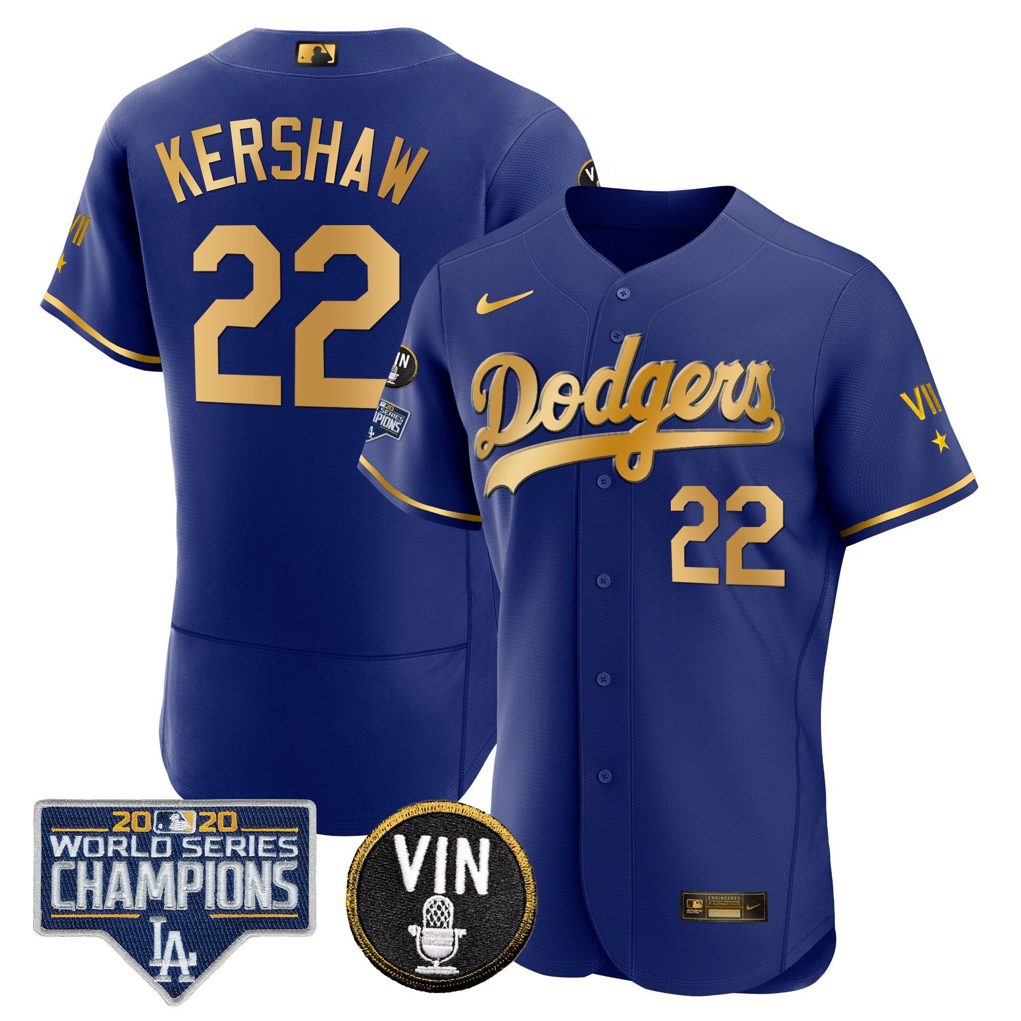 Men's Dodgers World Series & Vin Sculy Patch Gold Jersey - All Stitched