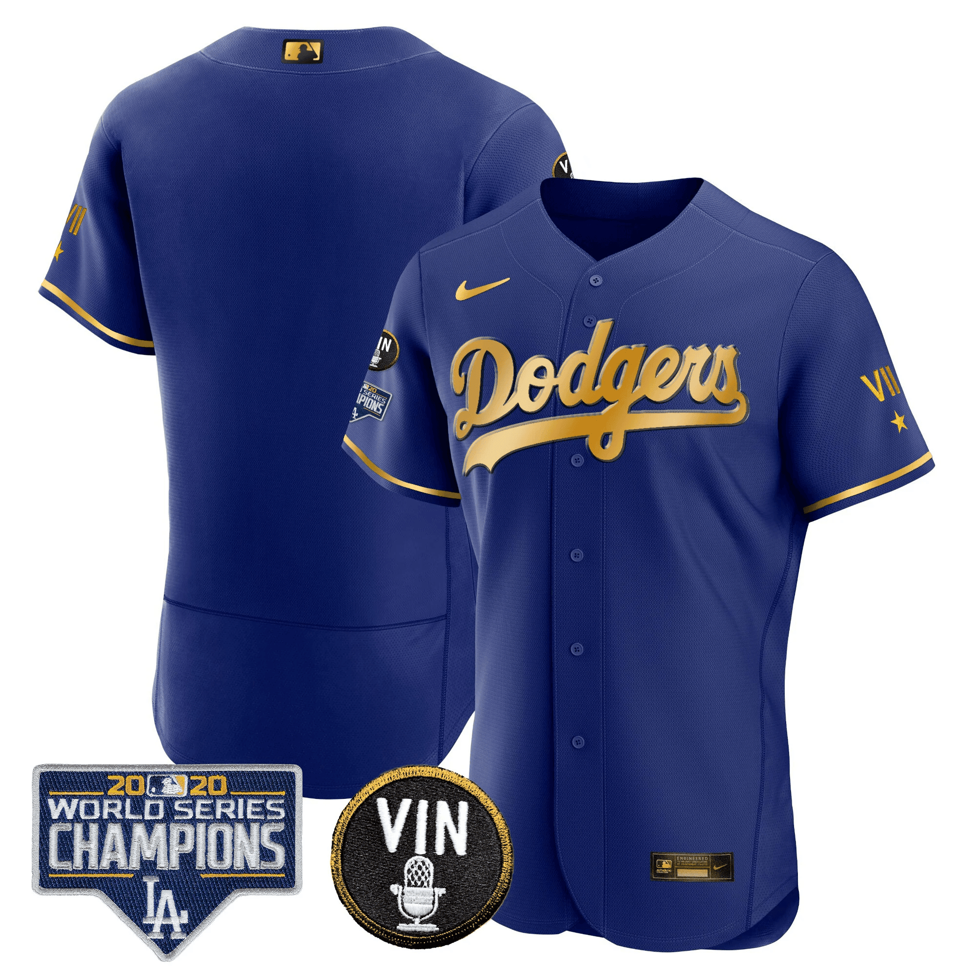 Men's Dodgers World Series & Vin Sculy Patch Gold Jersey - All Stitched