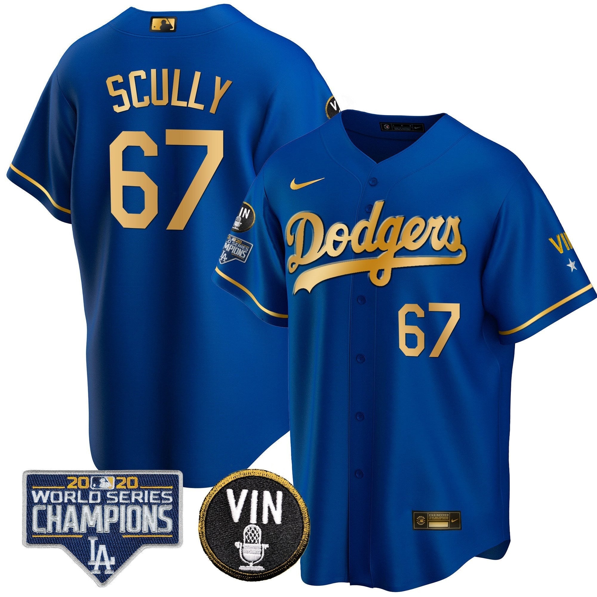 Men's Dodgers World Series & Vin Sculy Patch Gold Jersey - All Stitched