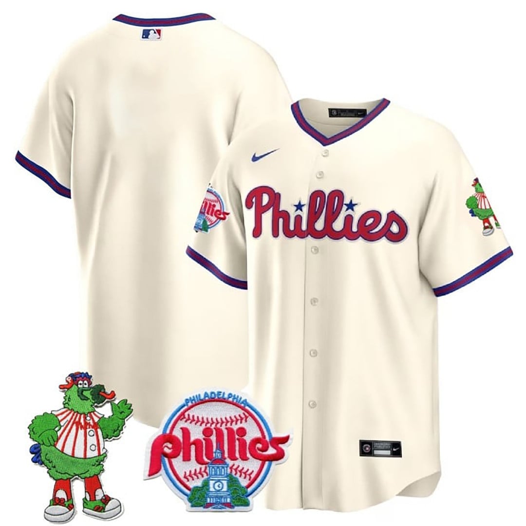 Men's Philadelphia Phillies Phillie Phanatic Patch Cool Base Jersey - All Stitched