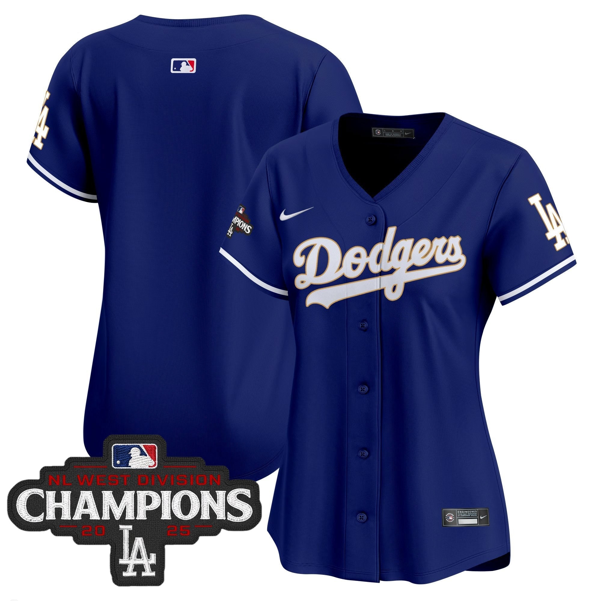 Women's Dodgers 2025 NL West Division Champions Patch Gold Trim Vapor Premier Limited Jersey - All Stitched